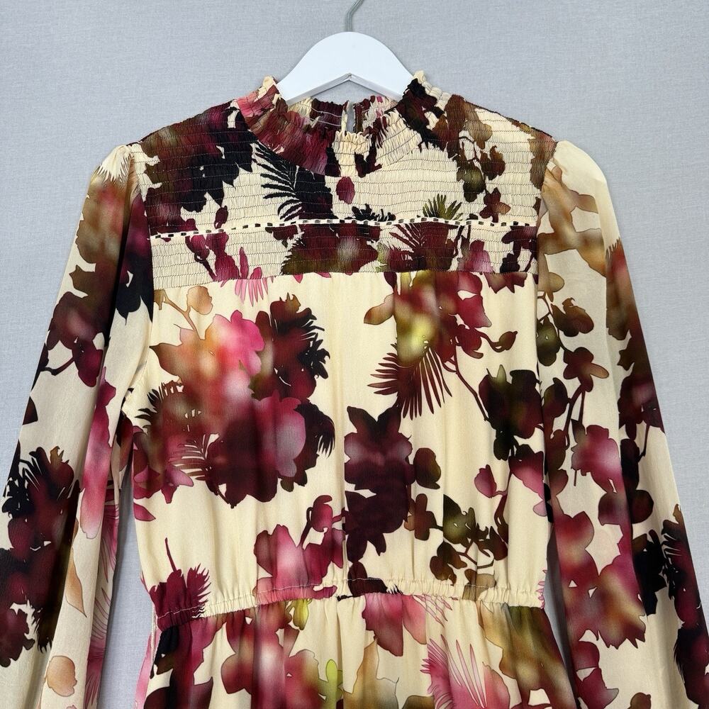Vineet Bahl Watercolor Hibiscus Mini Dress Womens Small Cream Pink‎ Smocked Boho - Picture 3 of 16